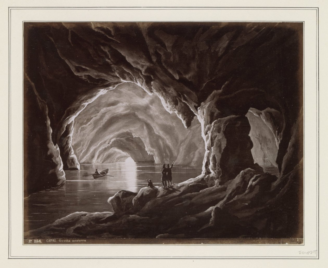 Fotogengivelse af (formentlig) en tegning af den blå grotte på Capri CAPRI. Grotta azzurra (titel på objekt) af Anonymous
