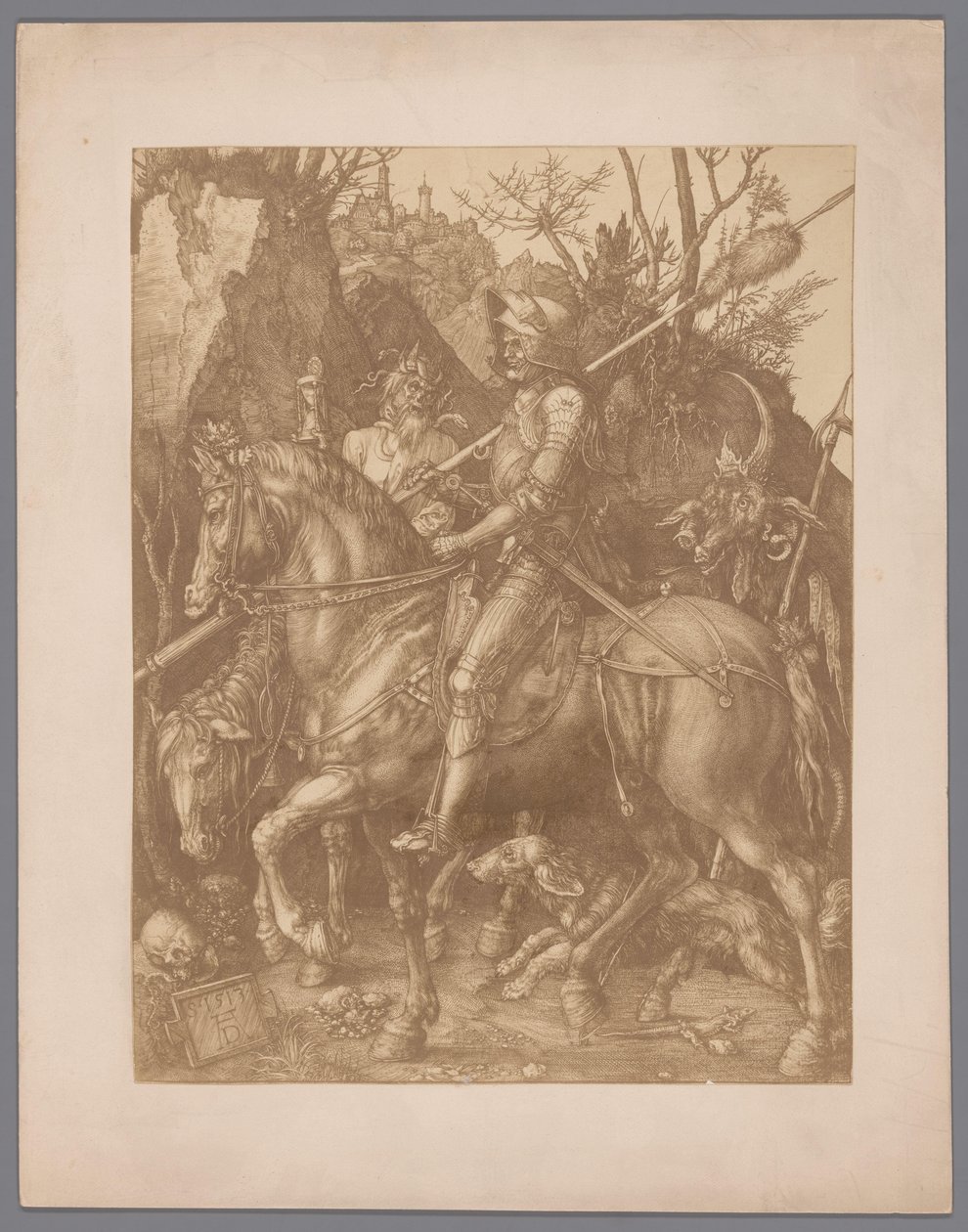 Fotoreproduktion af graveringen Knight, Death and Devil af Albrecht Dürer af Anonymous