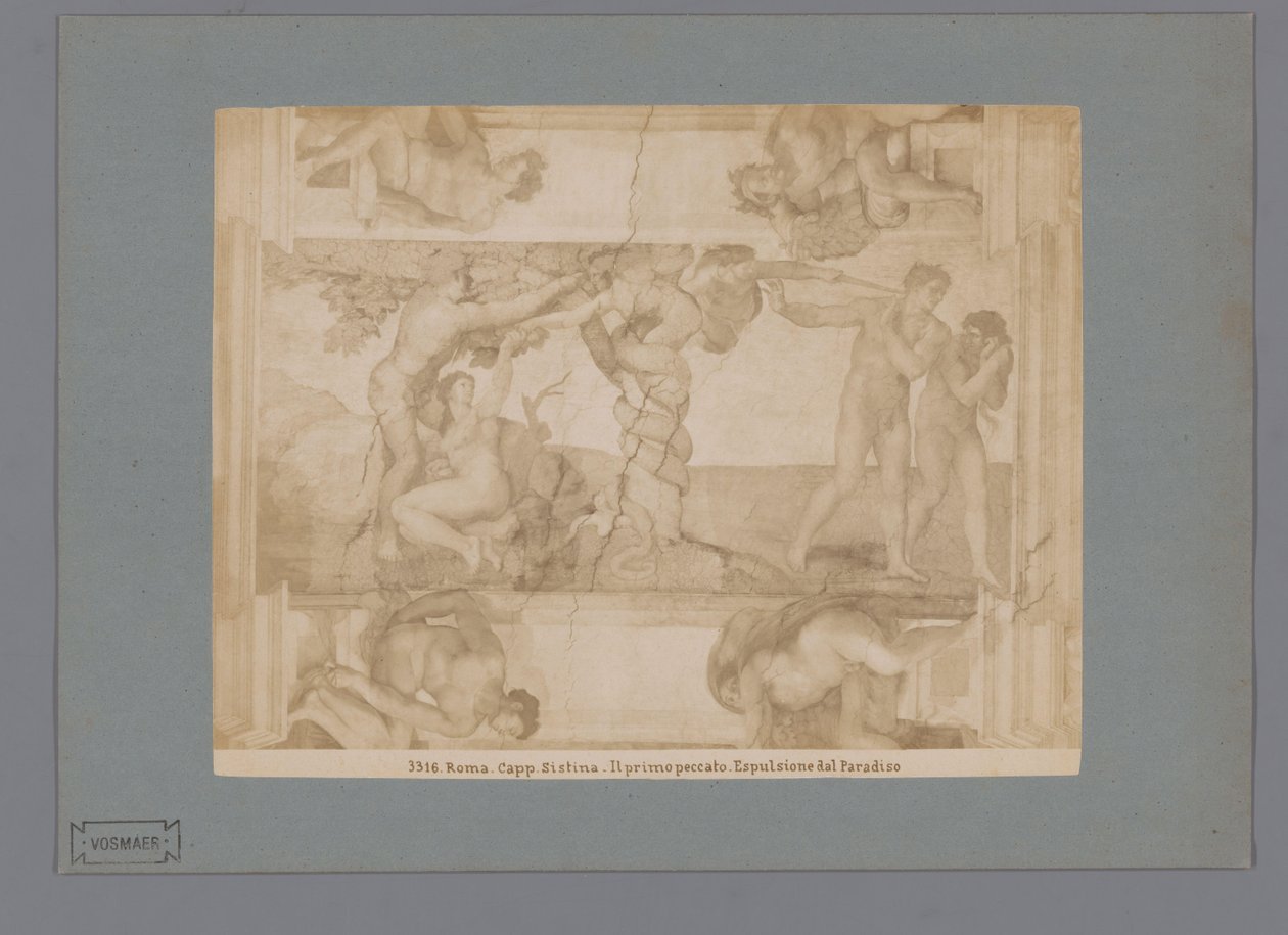 Fotoreproduktion af freskoen Syndefaldet og uddrivelsen fra paradis af Michelangelo i Det Sixtinske Kapel Roma. capp. sistina. Il primo peccato. Epulsione dal Paradiso (titel på objekt) af Anonymous