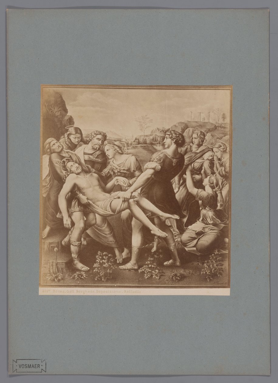 Fotoreproduktion af maleriet Descent from the Cross af Raphael, i samlingen af ​​Galleria Borghese i Rom Roma. Gall. Borghese. Depositum. Raffaello (titel på objekt) af Anonymous