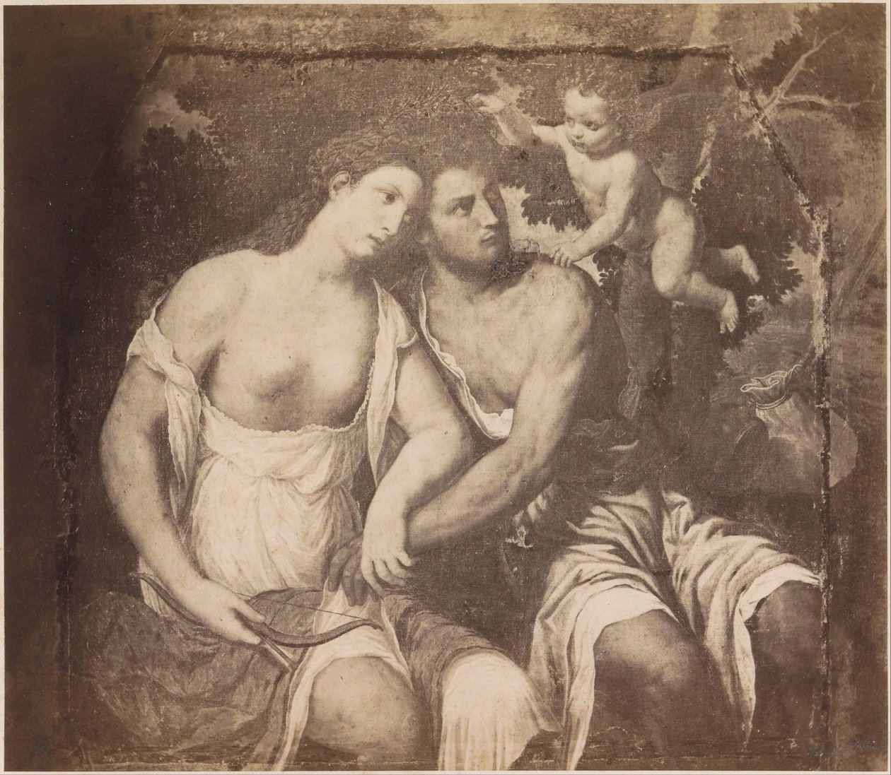 Fotogengivelse af maleriet Venus og Adonis efter Paris Bordone Paris Bordone. Venus og Adonis (titel på objekt) kaiserl. Konigl. Galleri i Wien (serietitel på objekt) af Anonymous