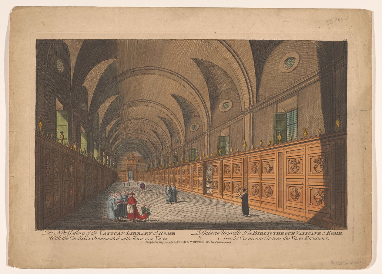 Galleri i Vatikanets bibliotek Det nye galleri i Vatikanets bibliotek i Rom / La Galarie Nouvelle de la Bibliotheque Vaticane a Rome (titel på objektet) af Anonymous
