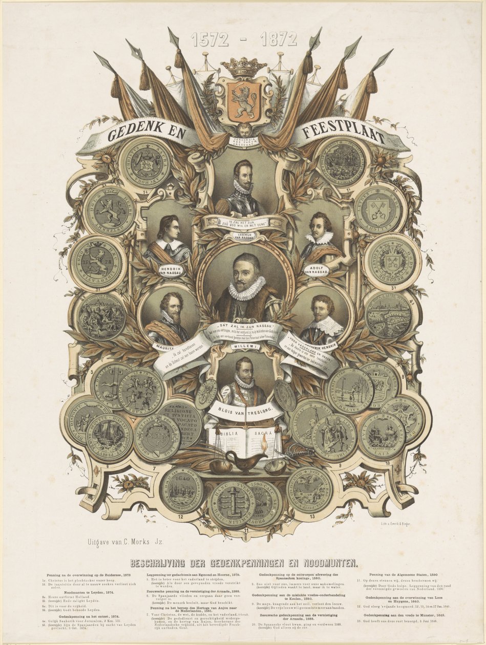 Minde- og festplade med portrætter af William I, Prins af Orange, hans sønner Maurits og Frederik Hendrik, Prinser af Orange, hans brødre Lodewijk, Adolf og Hendrik, grever af Nassau, og Willem Bloys van Treslong af Anonymous