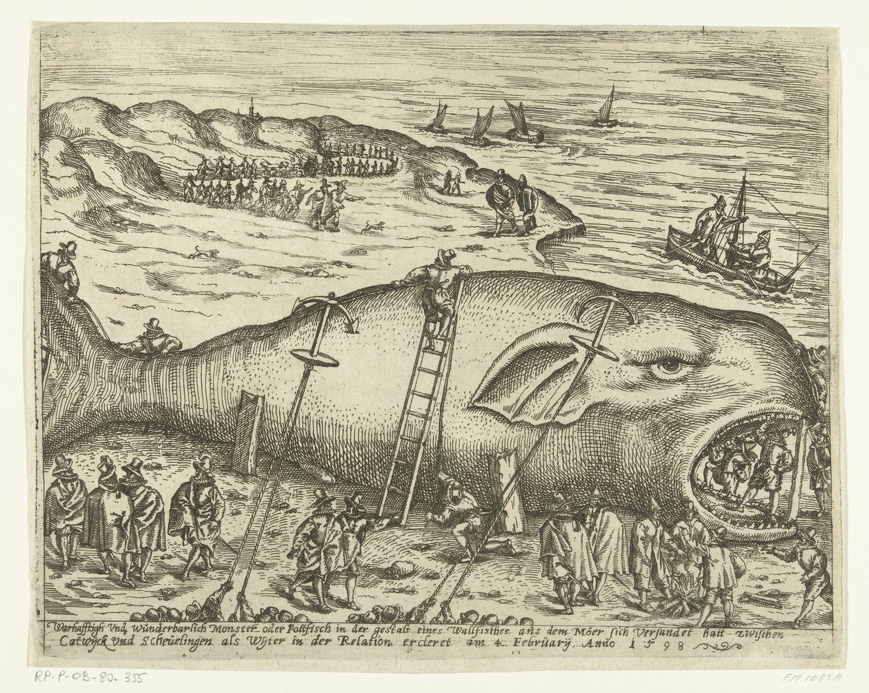 Strandede Walvis nær Berckhey, 1598 Warhafttigh And Wonderful Monster eller Pottfisch i form af en hval, hvorfra Möer havde slammet op mellem Catwyck og Schevelingen som Wyter i relationen ercleret den 4. februar Anno 1598 (tit. af Anonymous