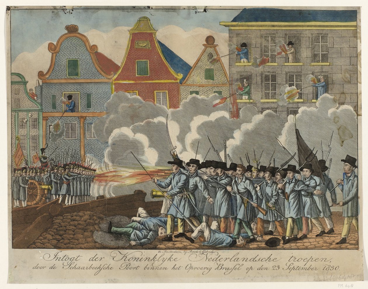 Kamp ved Schaerbeekse Poort i Bruxelles, 1830 Intogt der Royal Dutch tropper, gennem Schaerbeeksche Poort i det rebelske Bruxelles den 23. september 1830 (titel på objekt) af Anonymous