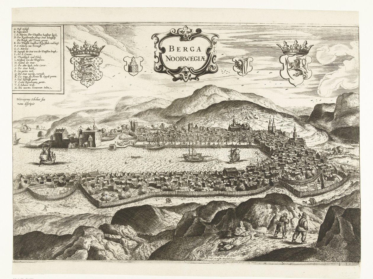 Udsigt over Bergen (Norge), 1665 Berga Norge (titel på objekt) af Anonymous
