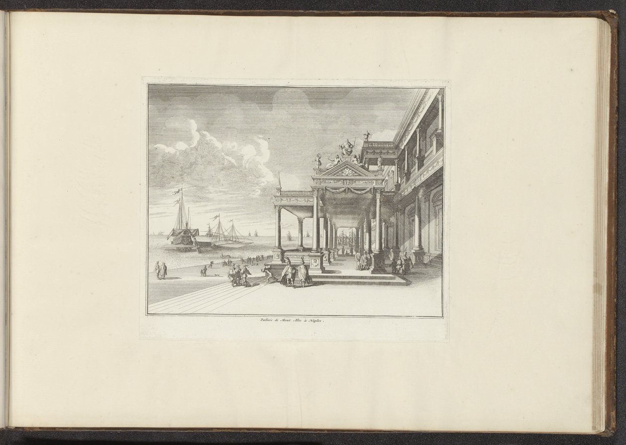Udsigt over Palazzo Montalto på kysten i Napoli Palais de Mont Alto i Napoli (titel på objekt) Paladser og monumenter i Venedig, Livorno, Napoli og Rom (serietitel) af Anonymous