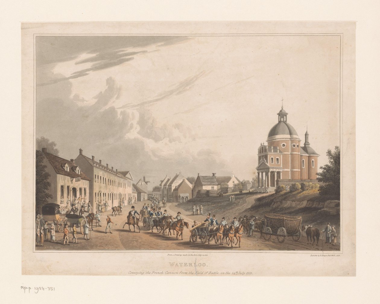 Udsigt over Waterloo, hvor franske tropper flytter en kanon waterloo. Formidling af den franske kanon fra kampfeltet, den 24. juli 1815 (titel på objekt) af Anonymous