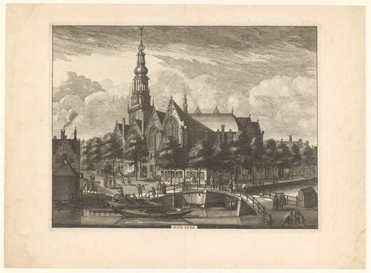 Udsigt over Oude Kerk i Amsterdam fra Oudezijds Voorburgwal Old Church (titel på objekt) af Anonymous