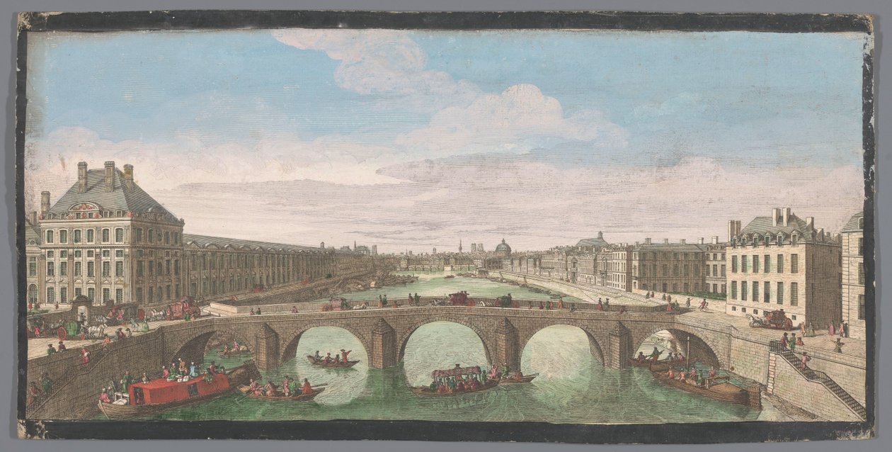 Udsigt over Pont Royal over Seinen i Paris, med udsigt til Pont Neuf Vuë Privé de Paris, prize du Pont Royal regardant vers le Pont Neuf (titel på objekt) af Anonymous