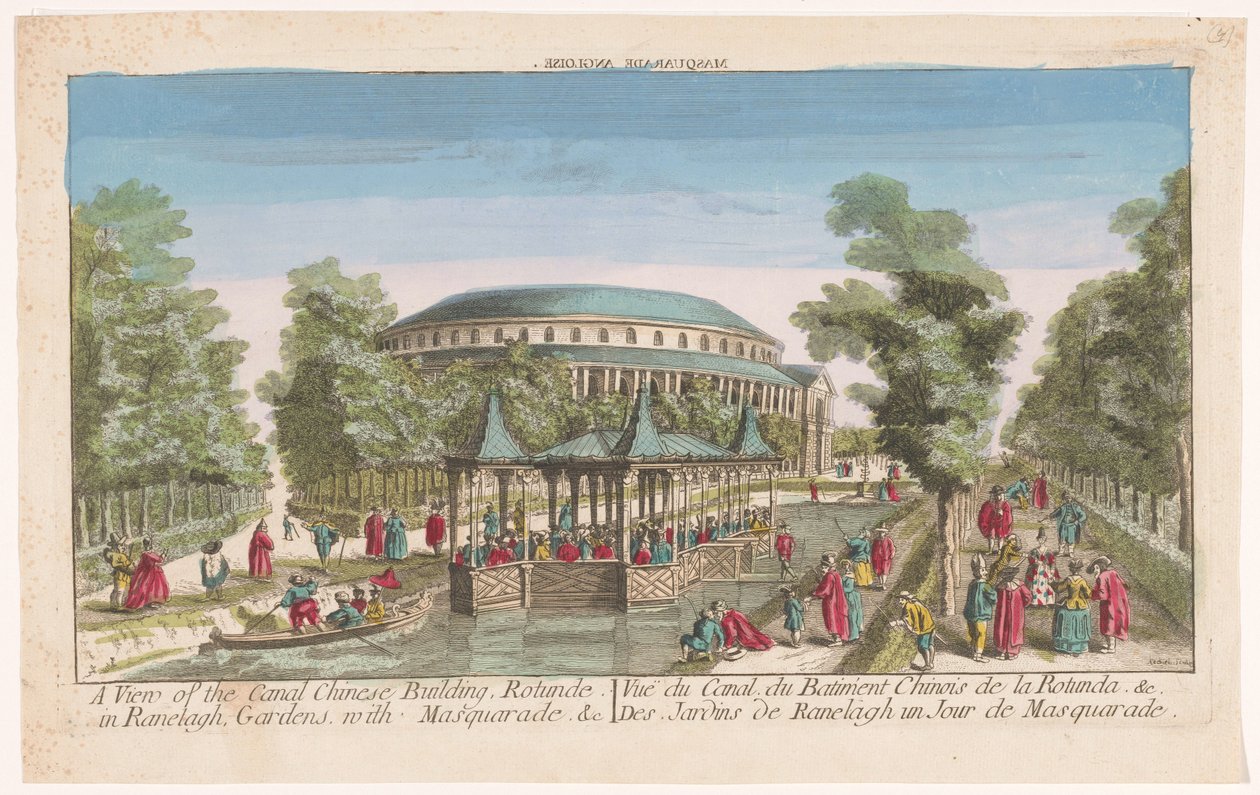 Udsigt over Rotunden og den kinesiske pavillon på kanalen i Londons Ranelagh Gardens med et maskeradebal Udsigt over den kinesiske kanalbygning, Rotunde i Ranelagh, Haver, med maskerade. &c (titel på objekt) af Anonymous