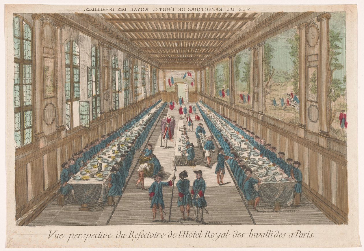 Udsigt over spisestuen på Hôtel des Invalides i Paris med en gruppe, der spiser Vue perspective du refectoire de l