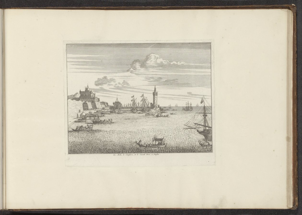 Udsigt over havnen med et fyrtårn og et palads i Napoli Le Mole, le Cinosura, et le Castell Novo, à Napoli (titel på objekt) Paladser og monumenter i Venedig, Livorno, Napoli og Rom (serietitel) af Anonymous