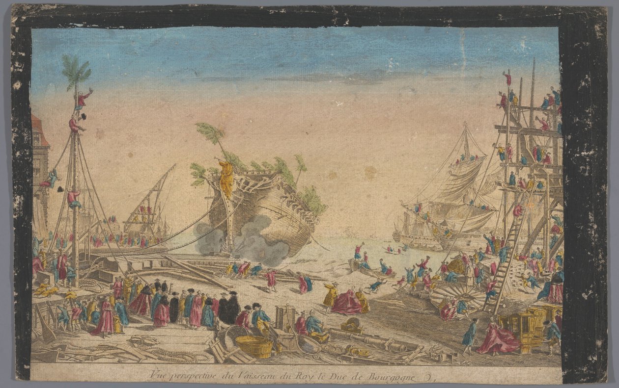 Udsigt over havnen i Rochefort med enden af ​​skibet Duc de Bourgogne den 20. oktober 1751 Vue perspective du vaisseau du roy le Duc de Bourgogne (titel på objekt) af Anonymous