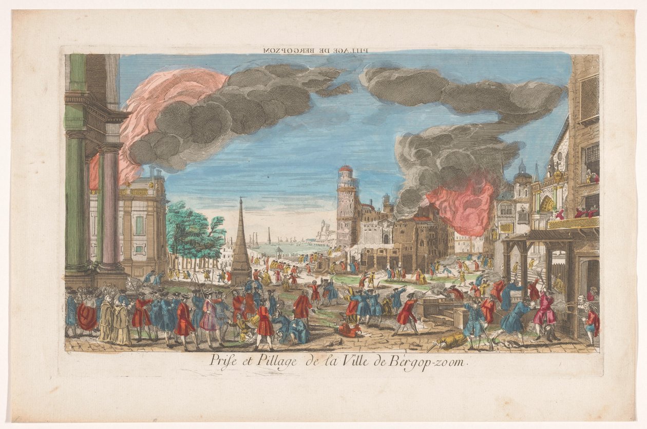 Udsigt over franskmændenes tilfangetagelse og plyndring af Bergen op Zoom i 1747 Pillage de Bergopzom (titel på objekt) af Anonymous