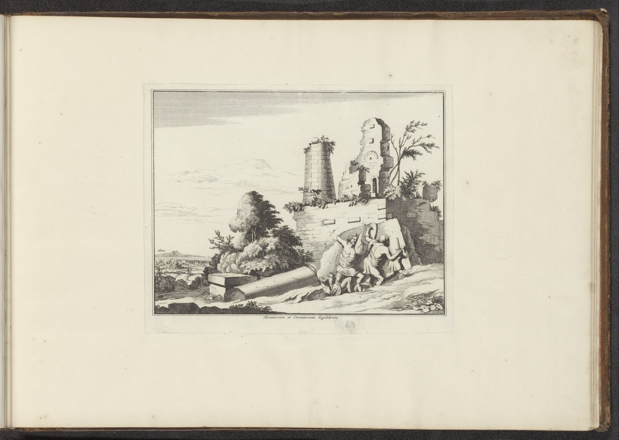 Udsigt over ruinerne af Horatii- og Curatii-graven i Rom Horatiorum et Curatiorum Sepulchrum (titel på objekt) Paladser og monumenter i Venedig, Livorno, Napoli og Rom (serietitel) af Anonymous