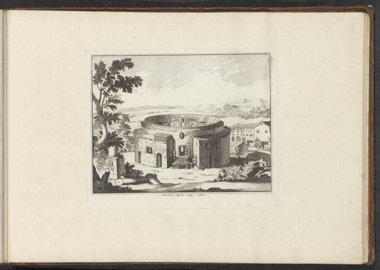 Udsigt over ruinerne af Augustus Mausoleum i Rom Mausoleum Augusti Vestigia i Rom (titel på objekt) Paladser og monumenter i Venedig, Livorno, Napoli og Rom (serietitel) af Anonymous