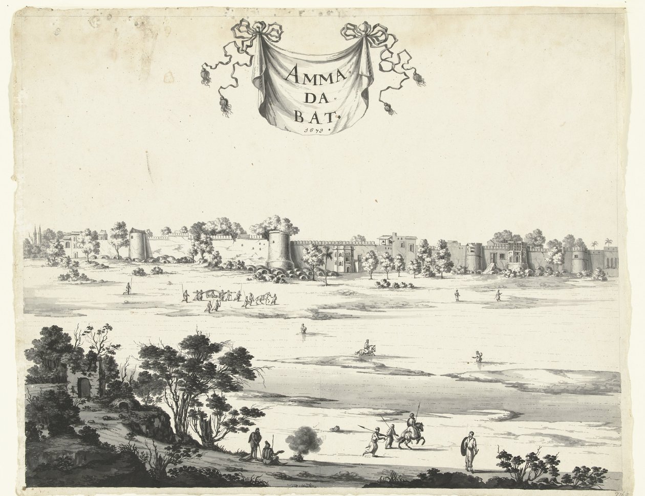 Udsigt over byen Ahmadabad Ammadabat (titel på objekt) Ansigter i Indien fra årene 1678-1679 (serietitel) af Anonymous