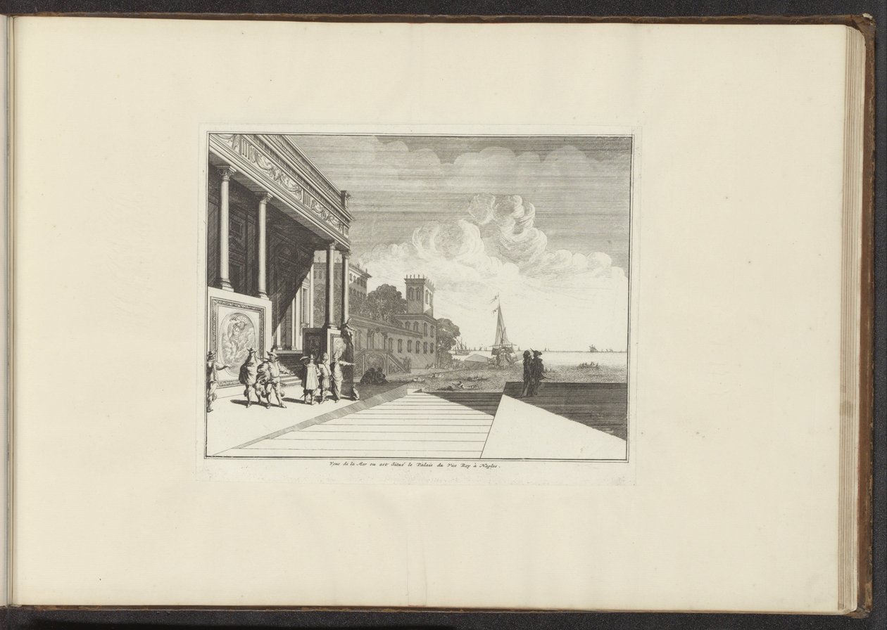 Udsigt over et palads ved strandpromenaden i Napoli Veue de la Mer ou est Situé le Palais du Vice Roy à Napoli (titel på objektet) Paladser og monumenter i Venedig, Livorno, Napoli og Rom (serietitel) af Anonymous