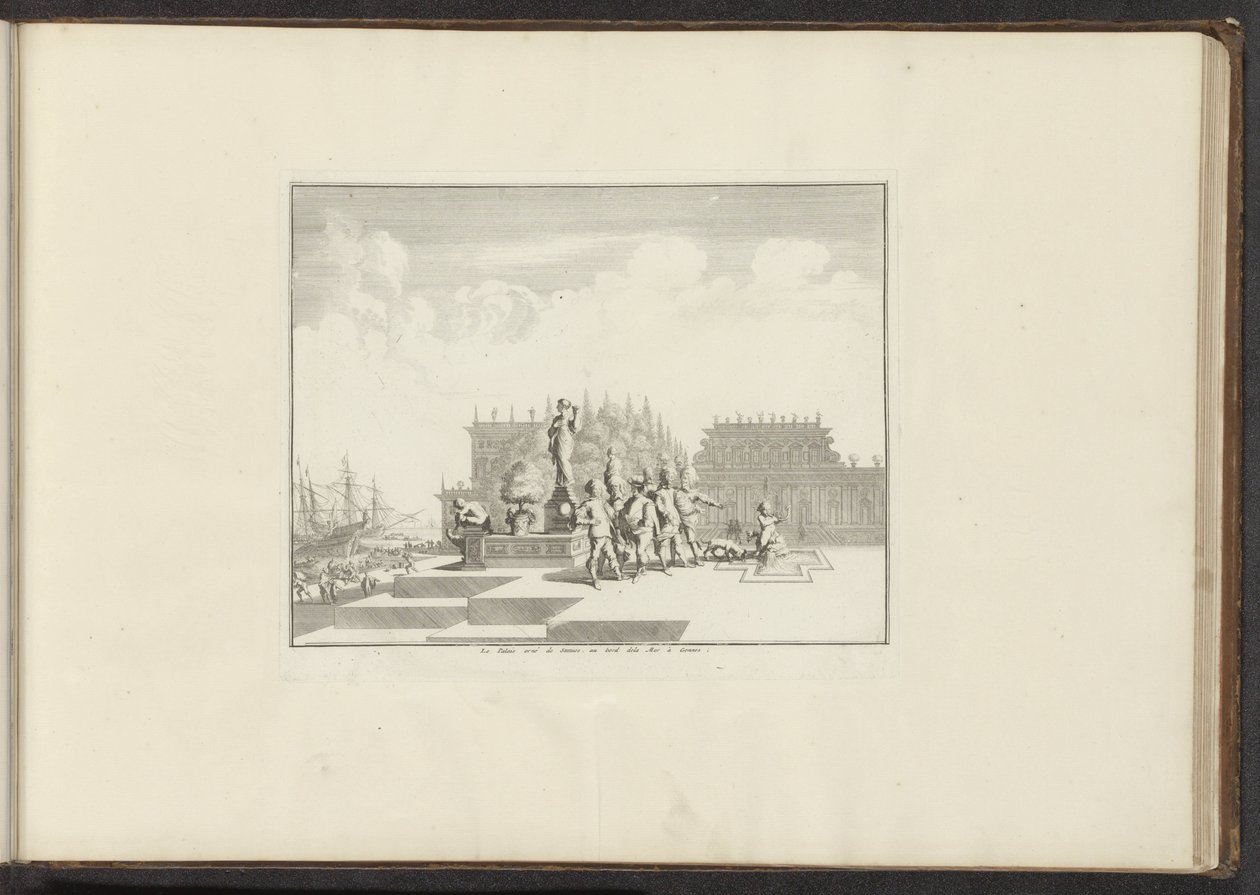 Udsigt over et palads og statuer på havnefronten i Genova Le Palais orné de Statues, au bord dela Mer à Gennes (titel på objektet) Paladser og monumenter i Venedig, Livorno, Napoli og Rom (serietitel) af Anonymous