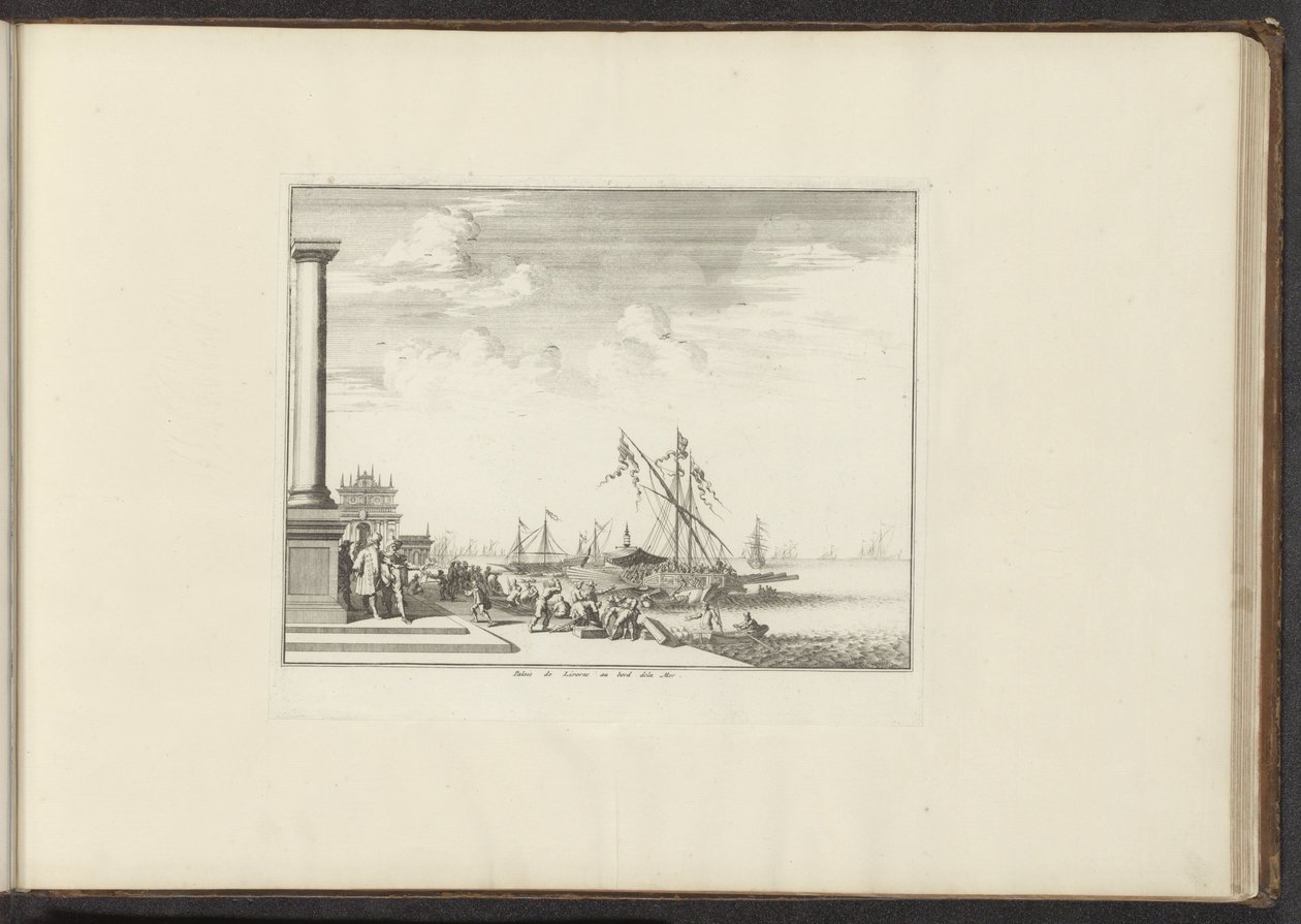 Udsigt over et palads i Livorno Palais de Livorne au bord dela Mer (titel på objektet) Paladser og monumenter i Venedig, Livorno, Napoli og Rom (serietitel) af Anonymous