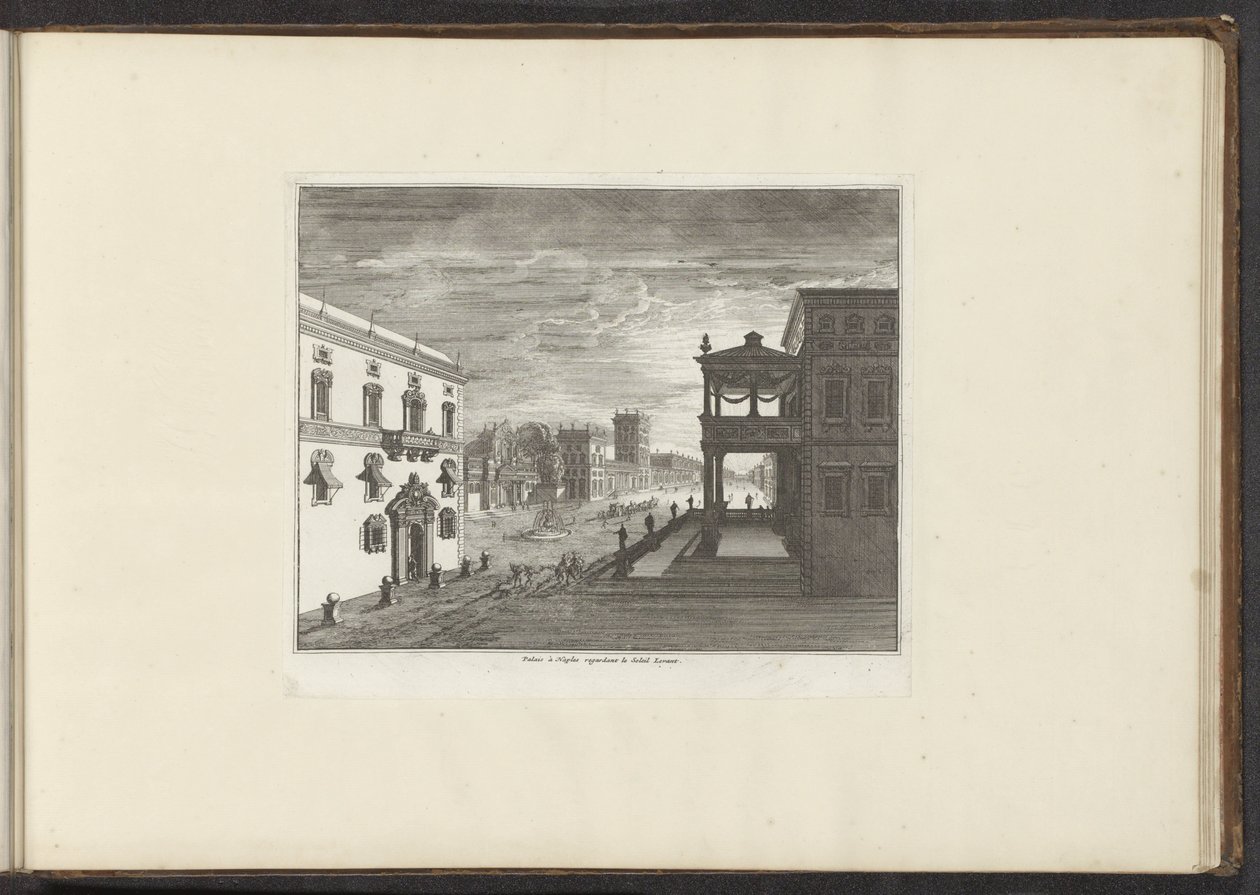 Udsigt over et palads i Napoli ved solnedgang Palais à Napoli guvernør le Soleil Levant (titel på objektet) Paladser og monumenter i Venedig, Livorno, Napoli og Rom (serietitel) af Anonymous