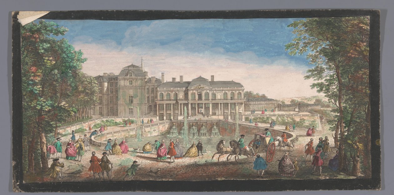 Se på Château de Saint-Cloud set fra Chemin de Versailles Udsigt over en af ​​fløjene på Chateau de St. Cloud fra siden af ​​hesteskoen eller Chemin de Versaille (titel på objektet) af Anonymous