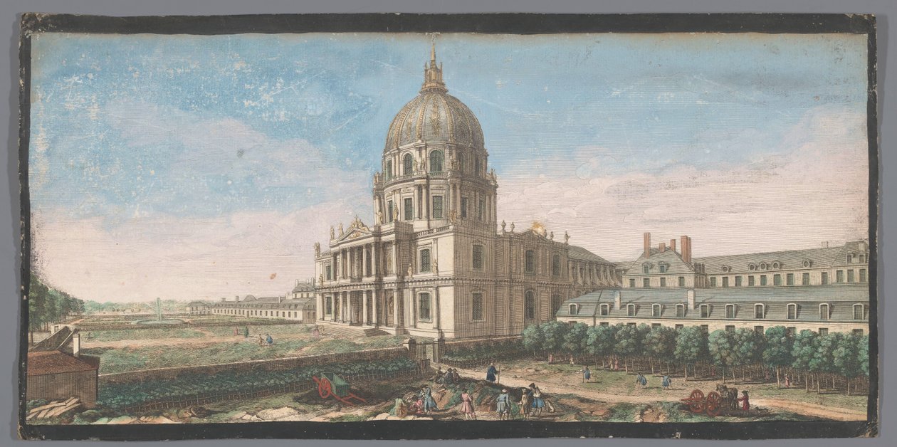 Se på Hotel des Invalides i Paris Udsigt over frontispicen af ​​kirkens kuppel og en del af bygningerne på Hôtel Royal des Invalides (titel på objektet) af Anonymous