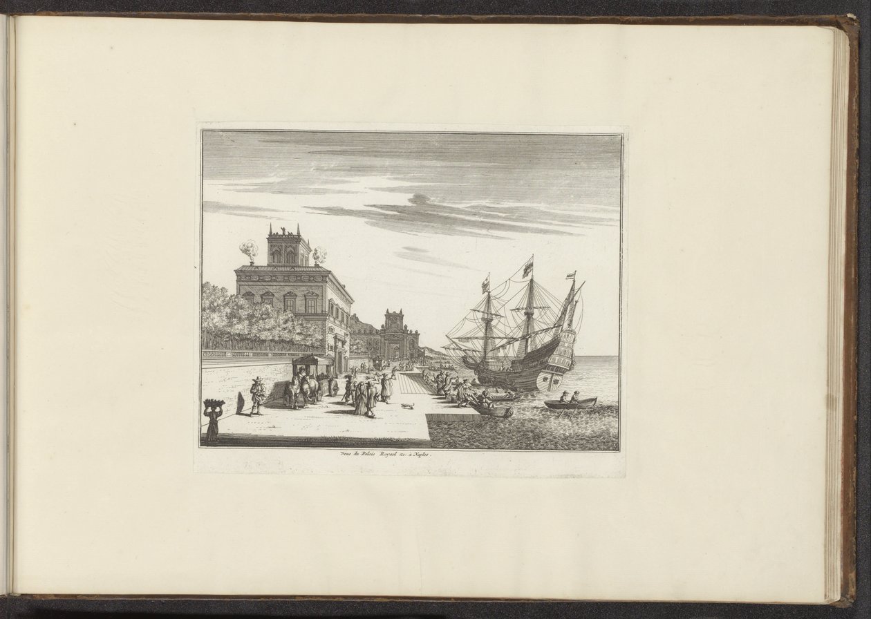 Udsigt over det kongelige palads ved strandpromenaden i Napoli Veue du Palais Royael &c: à Napoli (titel på objekt) Paladser og monumenter i Venedig, Livorno, Napoli og Rom (serietitel) af Anonymous