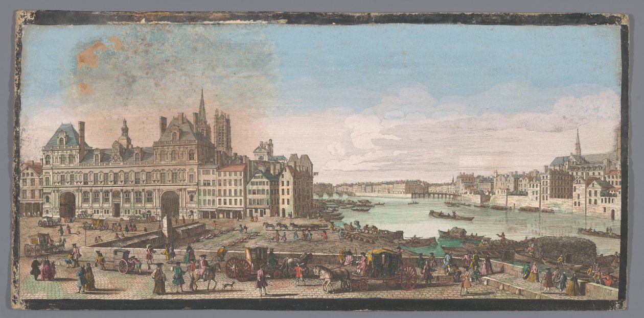 Se på Stadhuis en de Rivier de Seine i Paris Udsigt over Paris Rådhus. Hvor vi i det fjerne ser Pont Marie og Pont de Bois kaldet Pont Rouge (titel på objektet) af Anonymous