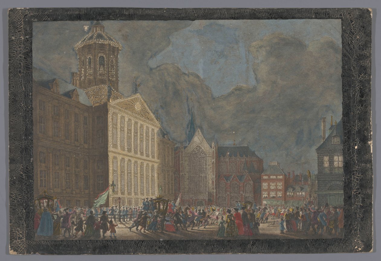 Udsigt over rådhuset i Amsterdam med ankomsten af ​​William V og Wilhelmina af Preussen på Dam-pladsen den 31. maj 1768 af Anonymous