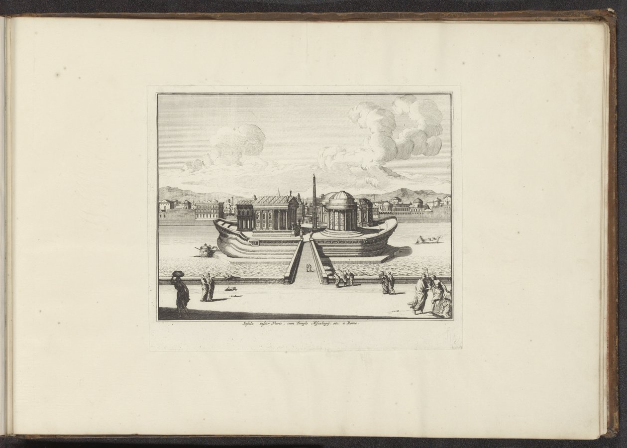 Udsigt over Tiberøen i Rom Insula instar Navis, cum Templo Aesculapij. osv.: à Rom (titel på objekt) Paladser og monumenter i Venedig, Livorno, Napoli og Rom (serietitel) af Anonymous
