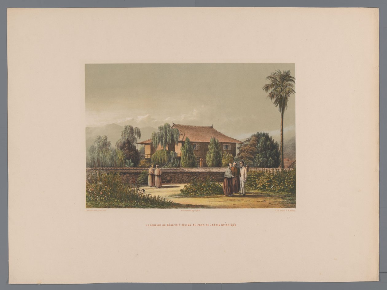 Udsigt over doktorens hus i Deshima med den botaniske have i forgrunden La demeure du médecin à Desima au fond du Jardin botanique (titel på objektet) Souvenir du Japon vues d