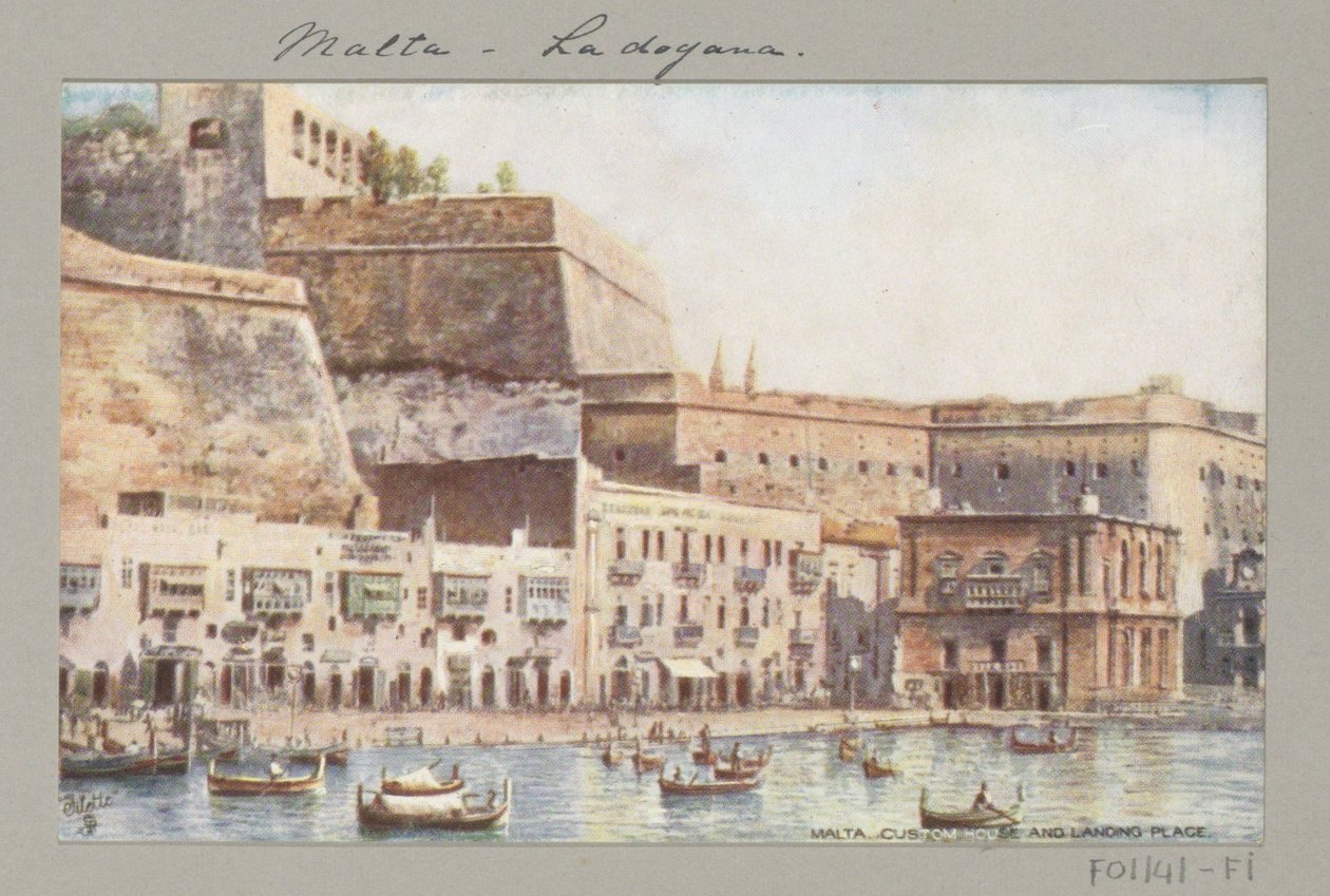 Udsigt over Maltas kyst med anløbsbro og toldbygning Malta. Brugerdefineret hus og landingssted (titel på objekt) af Anonymous