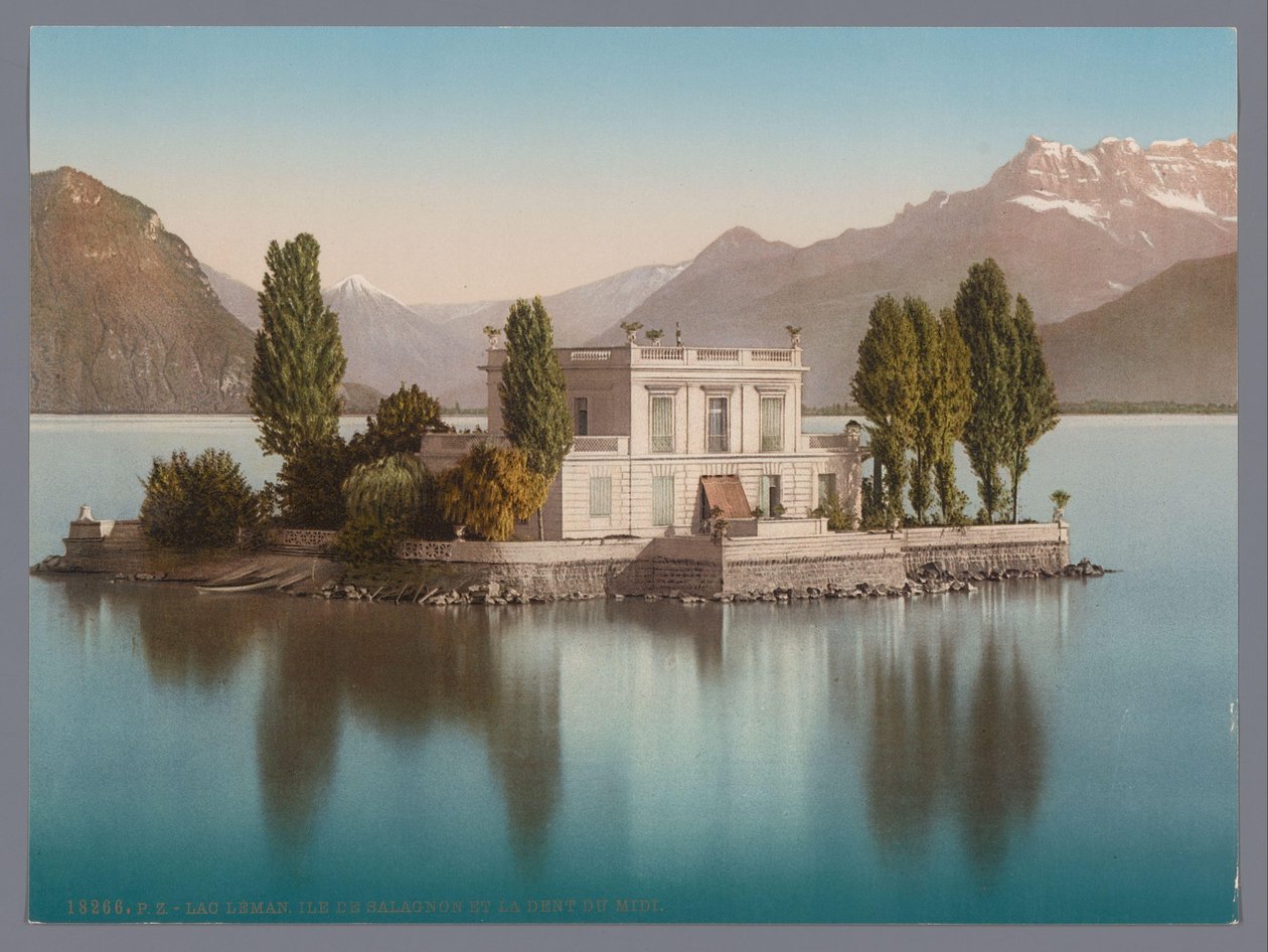 Udsigt over Île de Salagnon i Genèvesøen, i baggrunden Dents du Midi lac Léman, Ile de Salagnon et la Dent du Midi (titel på objektet) af Anonymous