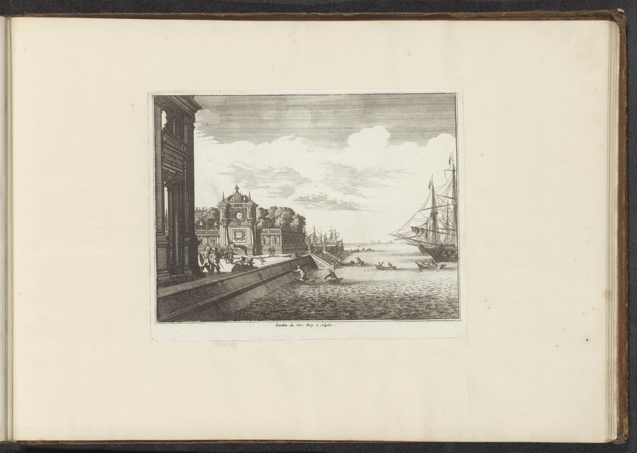 Udsigt over paladshaver ved kysten i Napoli Jardin du Vise Roy à Napoli (titel på objekt) Paladser og monumenter i Venedig, Livorno, Napoli og Rom (serietitel) af Anonymous
