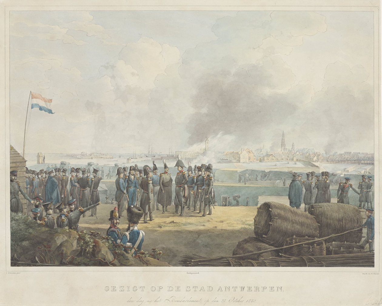 Udsigt over byen Antwerpen, dagen efter bombardementet, den 28. oktober 1830 (titel på objektet) af Anonymous