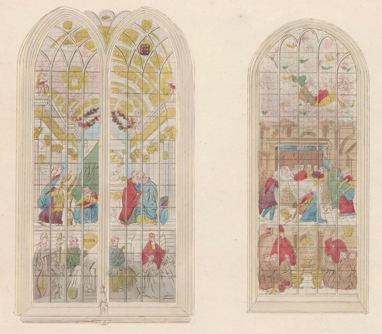 Glasramen i de Oude Kerk te Amsterdam, 1810-1825 Repræsentation af de berømte malede vinduer i den gamle kirke (titel på objekt) af Anonymous