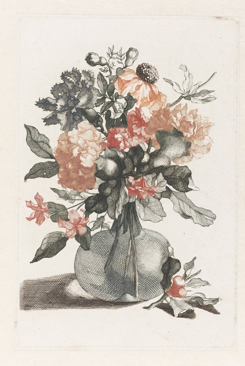 Glasvase med blomster og en gren med blomst foran vasen af Anonymous