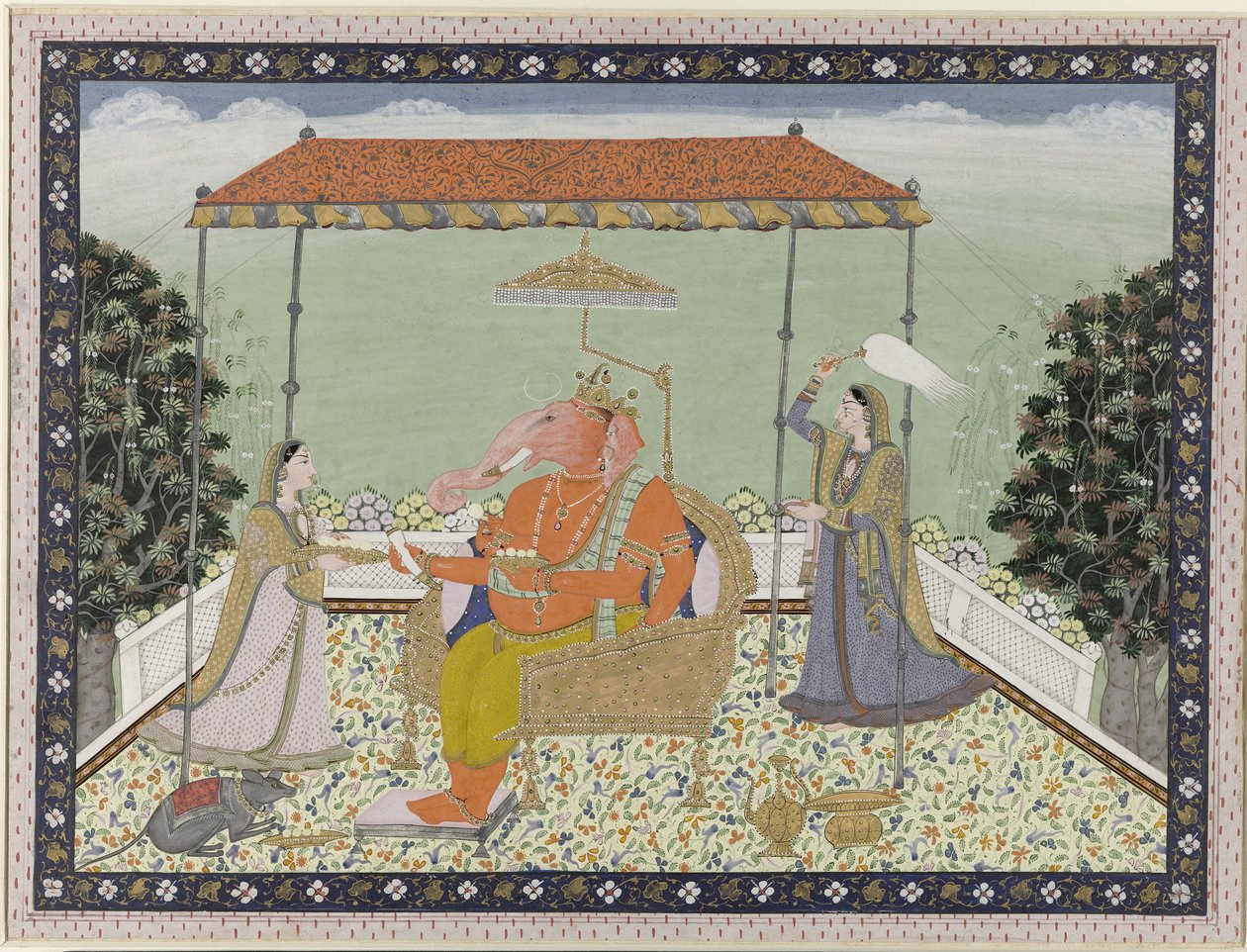 Gud Ganesha (Ganapati) med elefantsnabel med sine to tjenestepiger Siddhi og Buddhi siddende under en balkon af Anonymous