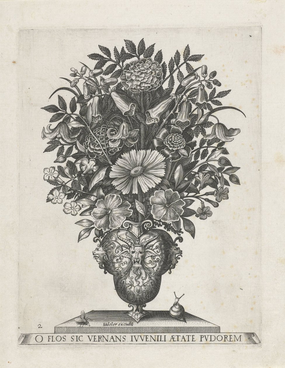 Grotesk vase med tre mascarons Vaser med blomster (serietitel) af Anonymous