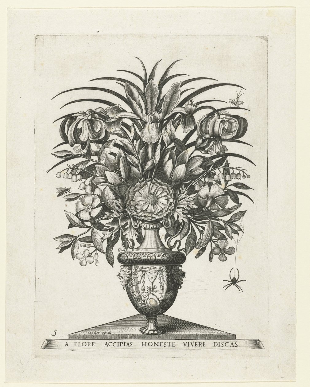 Grotesk vase med to mascarons på hver side af en bukranion Vaser med blomster (serietitel) af Anonymous