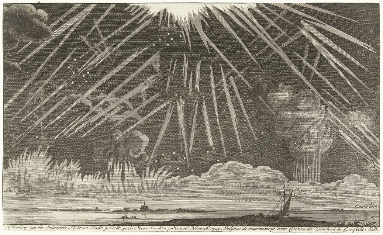 Himmelfænomener, 1729 Billede af Seldtzame Light and Sky view, set om aftenen den 16. november: 1729. Ifølge observationen af ​​Coenraadt Zumbach de Croesfeldt M.D. (titel på objekt) af Anonymous