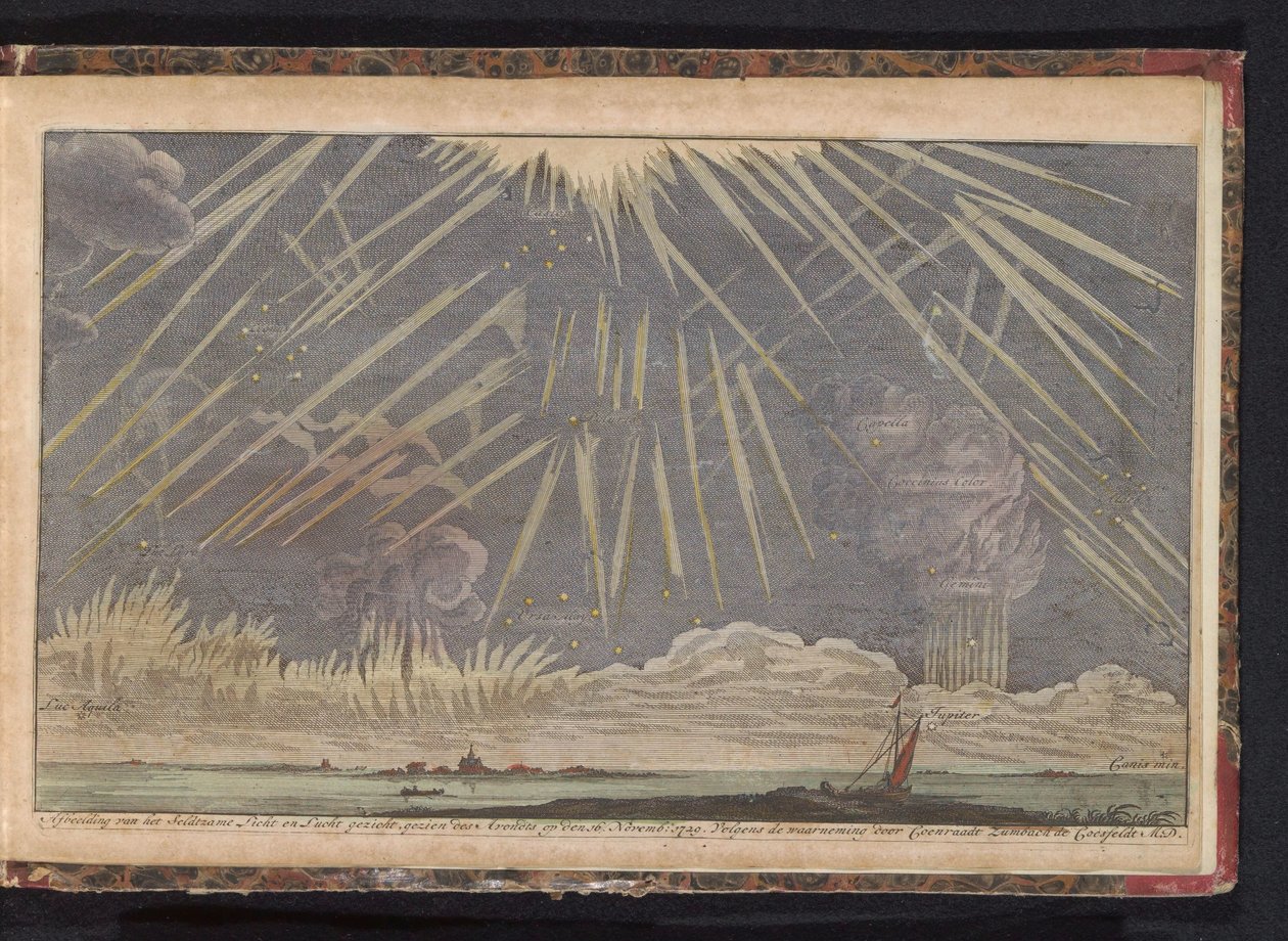 Himmelske fænomener, 1729 Billede af Seldtzame Light and Sky view, set om aftenen den 16. november: 1729. Ifølge observationen af ​​Coenraadt Zumbach de Croesfeldt M.D. (titel på objekt) af Anonymous