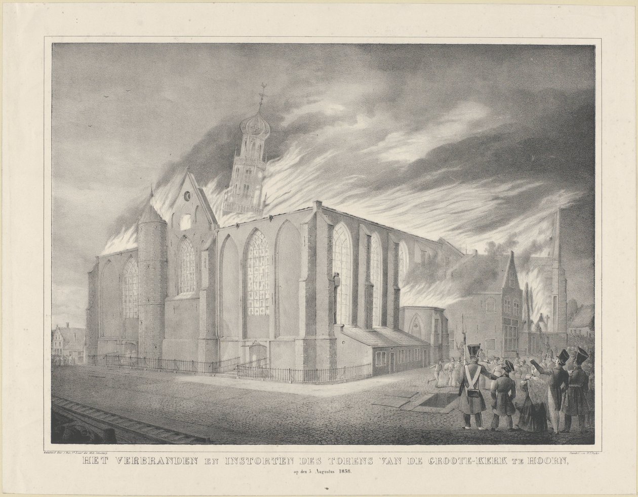 Afbrændingen og sammenbruddet af tårnene på Groote-Kerk i Hoorn, den 3. august 1838 (titel på objektet) af Anonymous