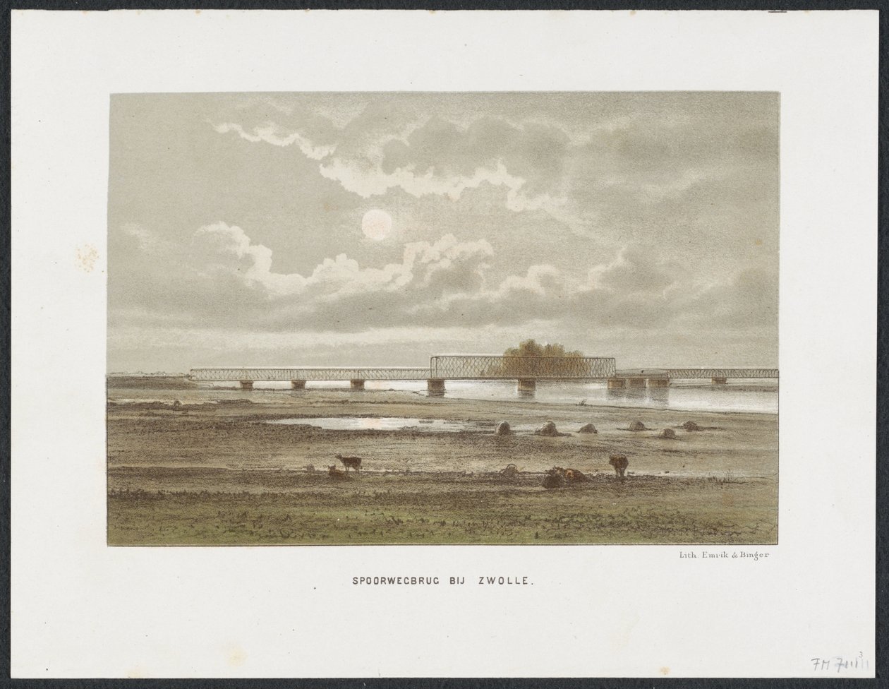 IJssel jernbanebro Zwolle, 1864 Jernbanebro nær Zwolle (titel på objekt) Hovedjernbanebroerne i Holland (serietitel) af Anonymous