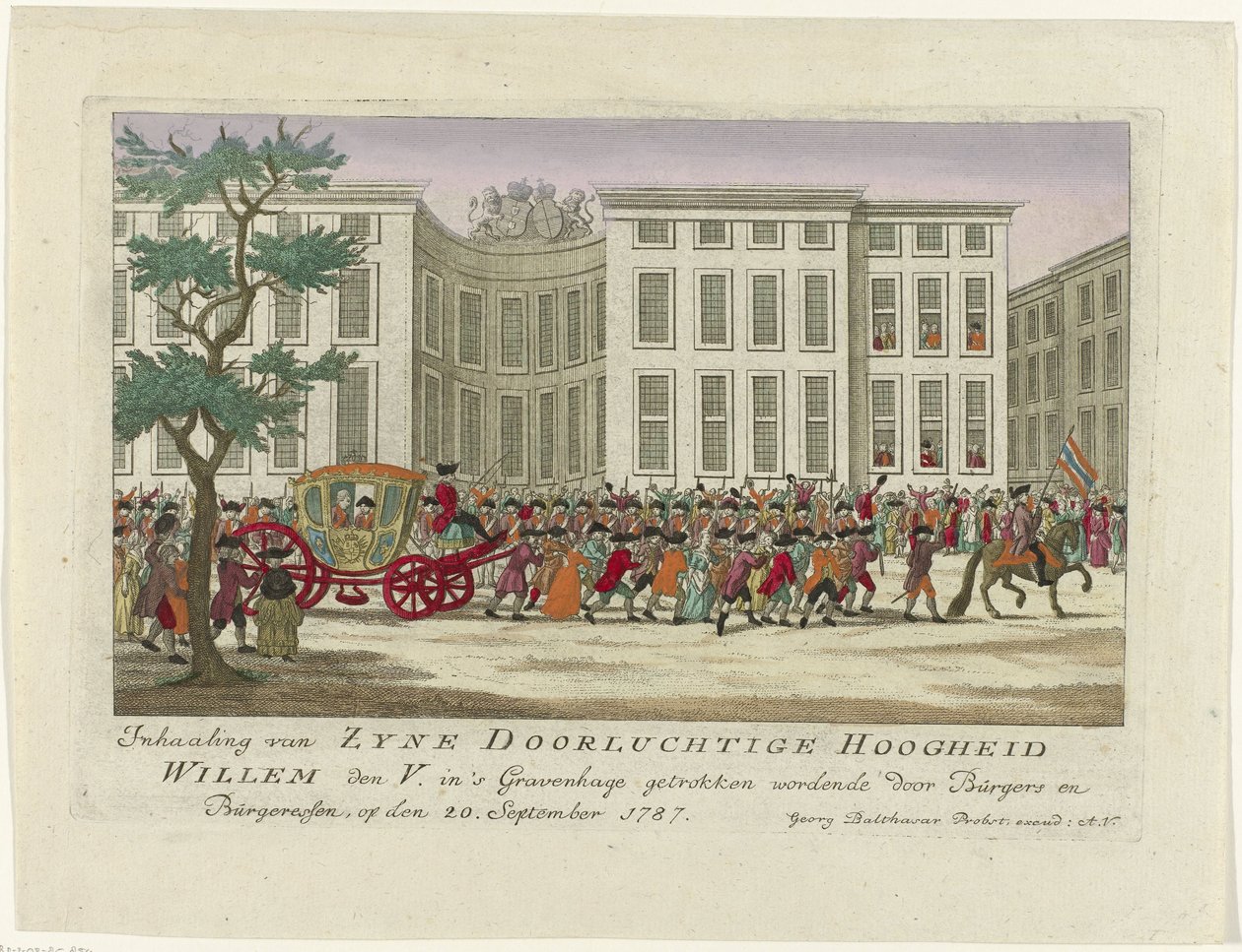 Overhaling af Prinsen af ​​Orange, 1787 Overhaling af Zyne Serene Highness Willem den V. bliver trukket i Haag af Burgers og Burgeressen, den 20. september 1787 (titel på objekt) Farvede tyske tryk om begivenhederne i af Anonymous