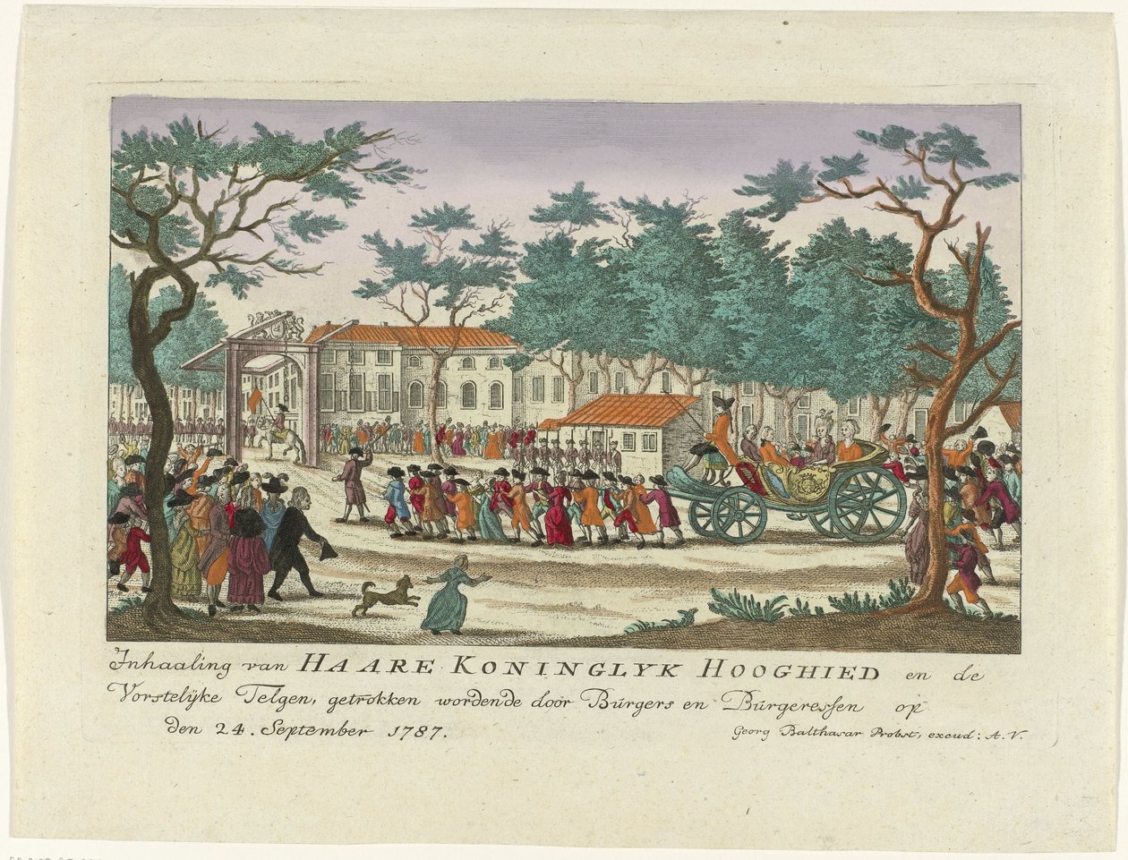 Overhaling af prinsessen af ​​Orange og børnene, 1787 Overhaling af Haare Koninglyk Hooghied og Royal Scions, tegnet af Burgers og Burgeressen den 24. september 1787 (titel på objekt) Tyske farvetryk om begivenheden af Anonymous