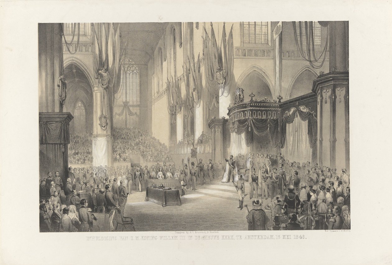 Indvielse af Hans Majestæt Kong Willem III i Nieuwe Kerk, Amsterdam, 13. maj 1849 (titel på objekt) af Anonymous