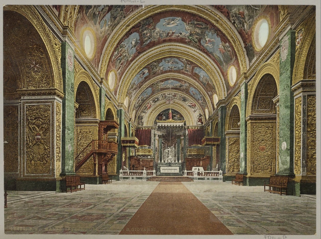 Interieur van de Sint-Janskathedraal i Valletta Malta. Interiør af katedralen S. Giovanni (titel på objektet) af Anonymous